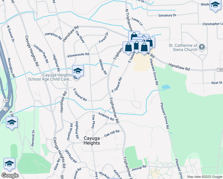 map of restaurants, bars, coffee shops, grocery stores, and more near 300 E Upland Rd in Ithaca