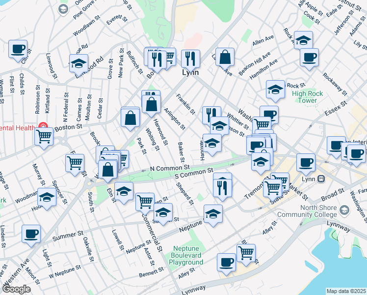 map of restaurants, bars, coffee shops, grocery stores, and more near 31 Baker Street in Lynn