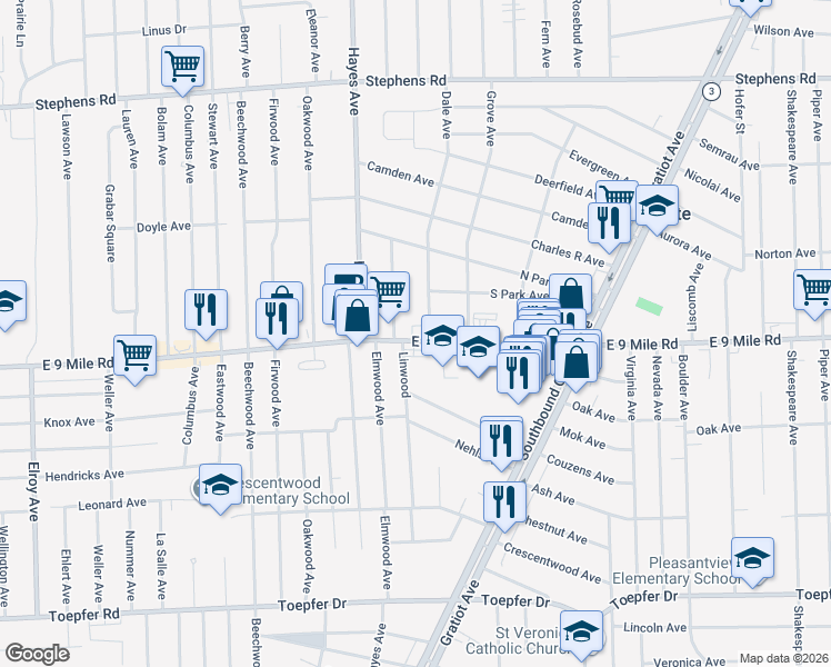 map of restaurants, bars, coffee shops, grocery stores, and more near 15249 East 9 Mile Road in Eastpointe