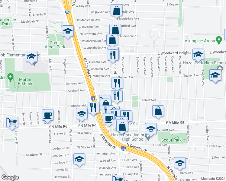 map of restaurants, bars, coffee shops, grocery stores, and more near 61 Orchard Avenue in Hazel Park