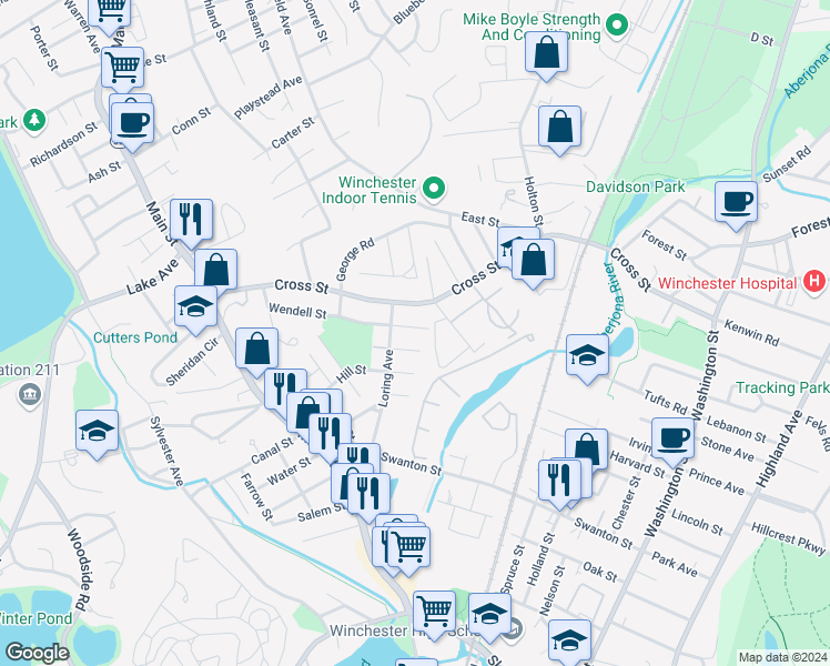 map of restaurants, bars, coffee shops, grocery stores, and more near 171 Swanton Street in Winchester