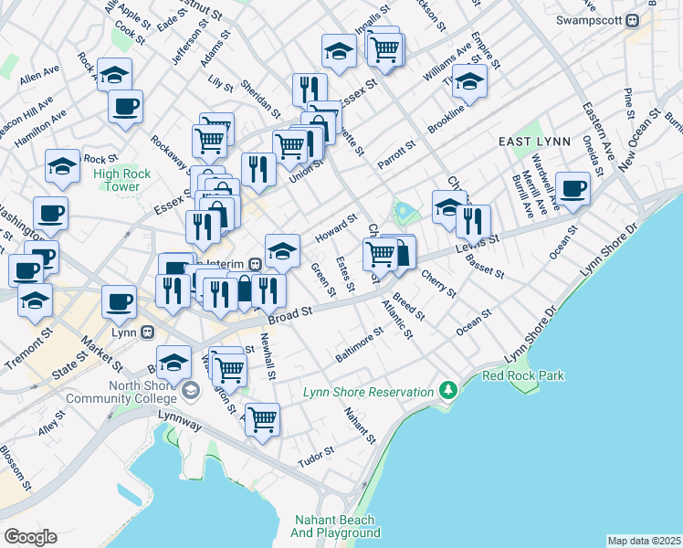 map of restaurants, bars, coffee shops, grocery stores, and more near 41 Estes Street in Lynn