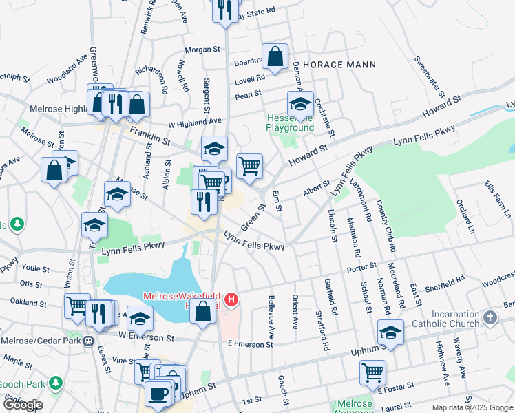 map of restaurants, bars, coffee shops, grocery stores, and more near 126 Green Street in Melrose