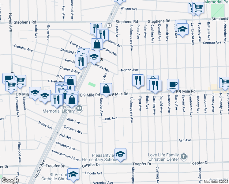 map of restaurants, bars, coffee shops, grocery stores, and more near 16345 East 9 Mile Road in Eastpointe
