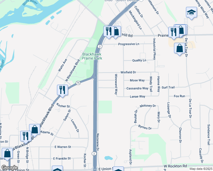 map of restaurants, bars, coffee shops, grocery stores, and more near 821 Doctor Clark Way in South Beloit