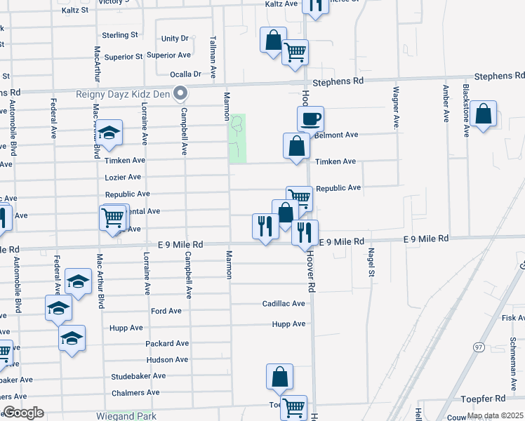 map of restaurants, bars, coffee shops, grocery stores, and more near 11449 Continental Avenue in Warren