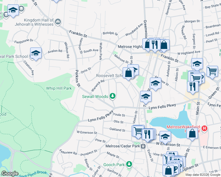 map of restaurants, bars, coffee shops, grocery stores, and more near 45 Maple Road in Melrose