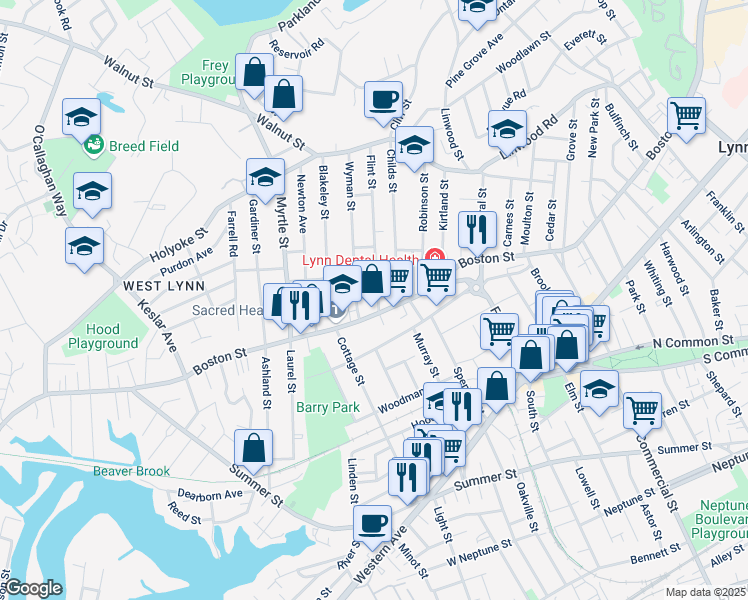 map of restaurants, bars, coffee shops, grocery stores, and more near 12 Flint Street in Lynn