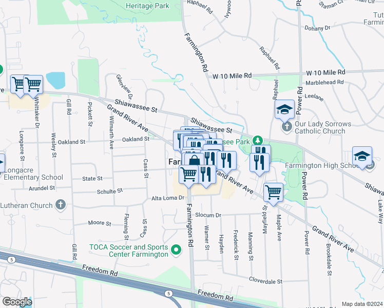 map of restaurants, bars, coffee shops, grocery stores, and more near 33336 Grand River Avenue in Farmington