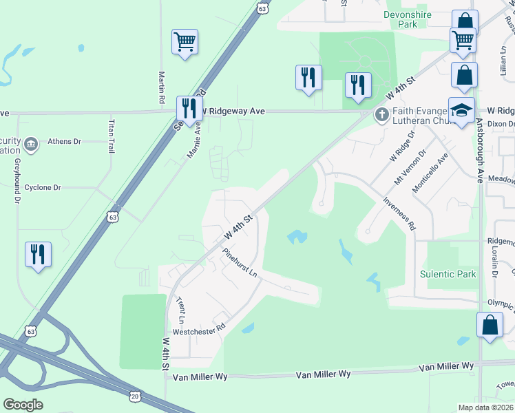 map of restaurants, bars, coffee shops, grocery stores, and more near 3501-3699 West 4th Street in Waterloo