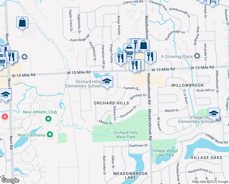 map of restaurants, bars, coffee shops, grocery stores, and more near 41940 Quince Street in Novi