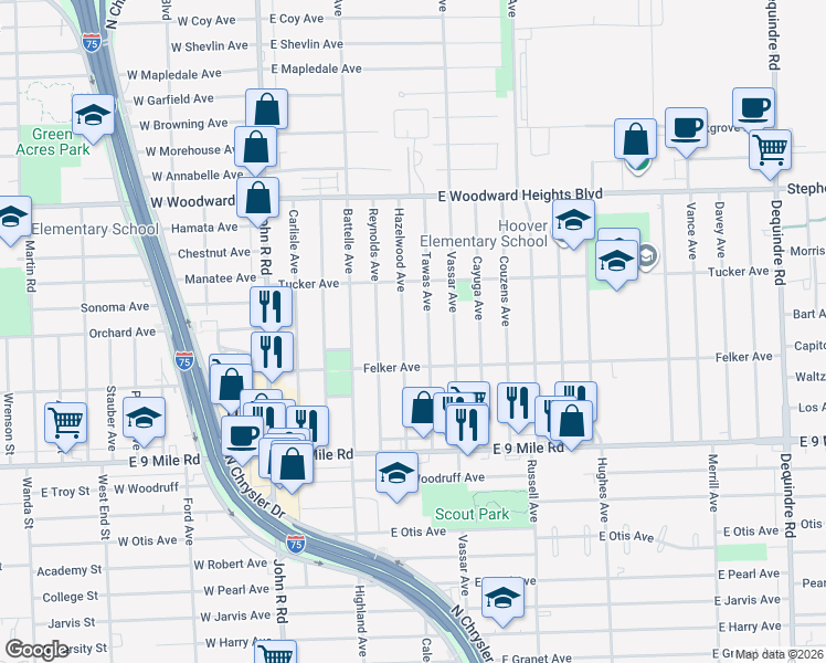 map of restaurants, bars, coffee shops, grocery stores, and more near 23368 Hazelwood Ave in Hazel Park