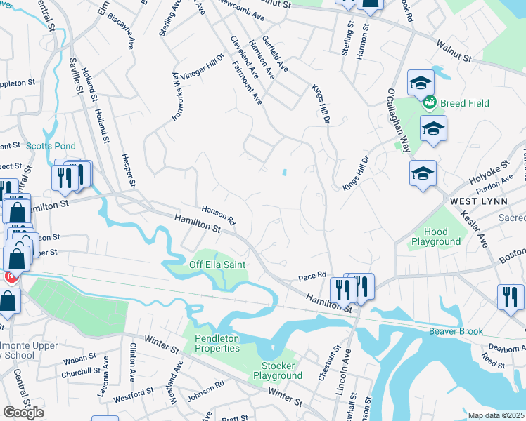 map of restaurants, bars, coffee shops, grocery stores, and more near 11 Hilltop Avenue in Saugus