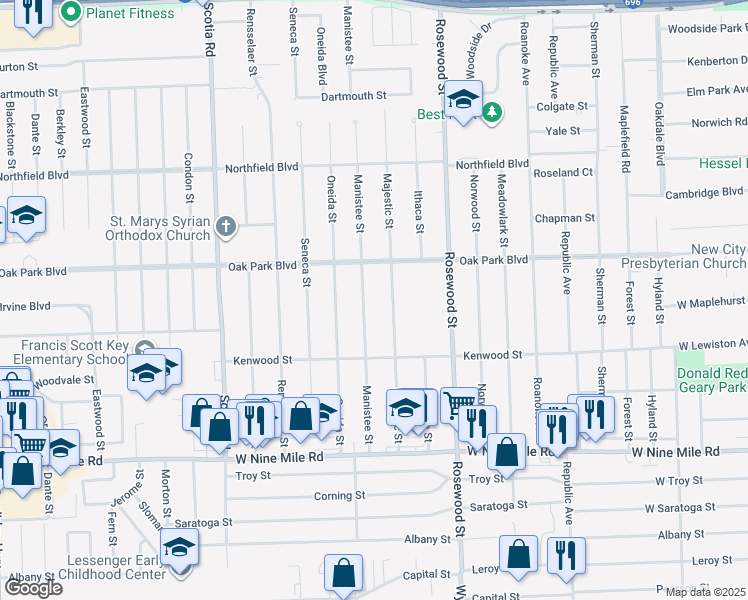 map of restaurants, bars, coffee shops, grocery stores, and more near 23540 Manistee Street in Oak Park