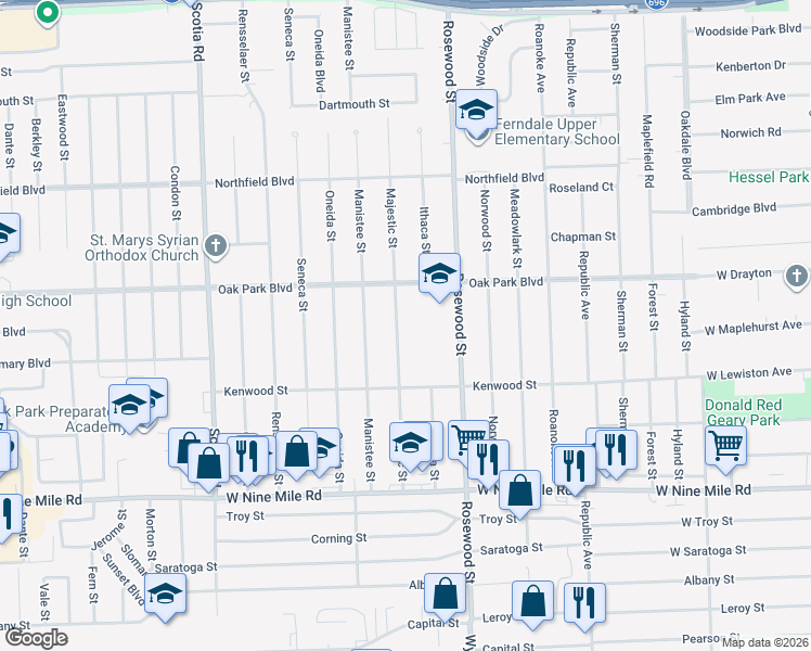 map of restaurants, bars, coffee shops, grocery stores, and more near 23530 Majestic Street in Oak Park