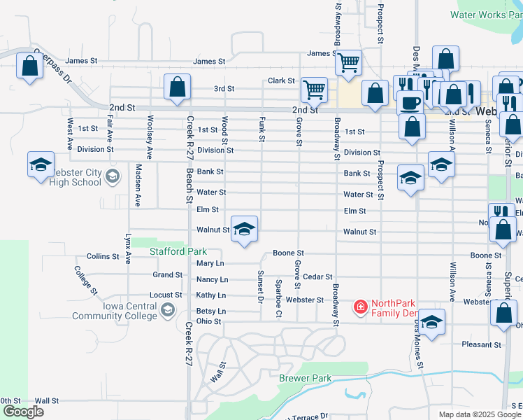 map of restaurants, bars, coffee shops, grocery stores, and more near 1199 Funk Street in Webster City