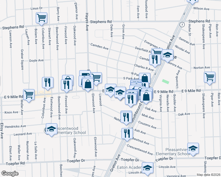 map of restaurants, bars, coffee shops, grocery stores, and more near 15321 East 9 Mile Road in Eastpointe