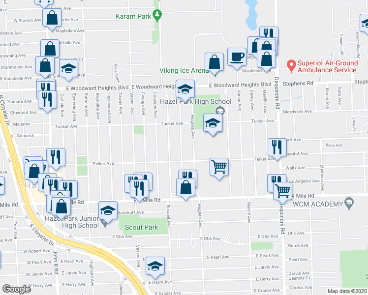 map of restaurants, bars, coffee shops, grocery stores, and more near 23360 Hoover Avenue in Hazel Park