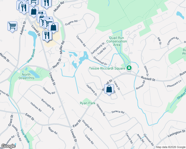 map of restaurants, bars, coffee shops, grocery stores, and more near 30 Duren Avenue in Woburn