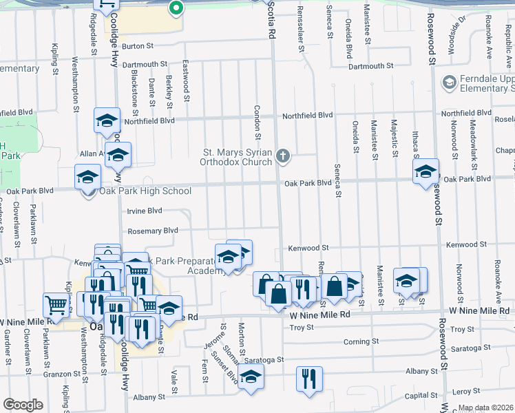 map of restaurants, bars, coffee shops, grocery stores, and more near 23571 Condon Street in Oak Park