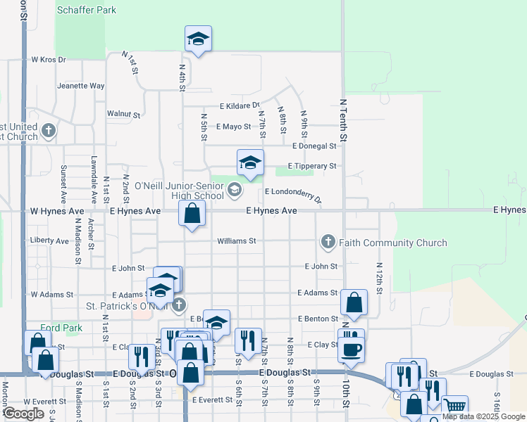 map of restaurants, bars, coffee shops, grocery stores, and more near 700 East Hynes Avenue in O'Neill