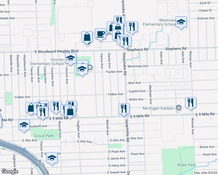 map of restaurants, bars, coffee shops, grocery stores, and more near 23353 Davey Avenue in Hazel Park
