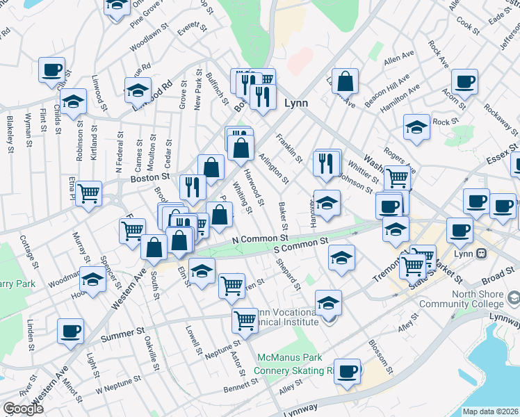 map of restaurants, bars, coffee shops, grocery stores, and more near 34 Harwood Street in Lynn