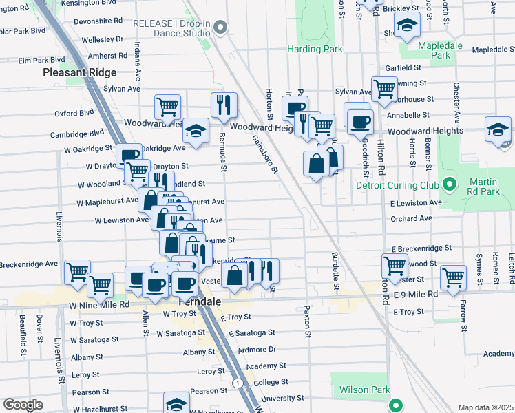 map of restaurants, bars, coffee shops, grocery stores, and more near 478 East Maplehurst Avenue in Ferndale