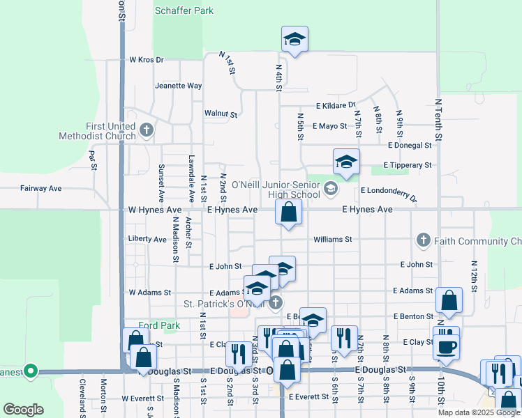 map of restaurants, bars, coffee shops, grocery stores, and more near 1000 North 3rd Street in O'Neill