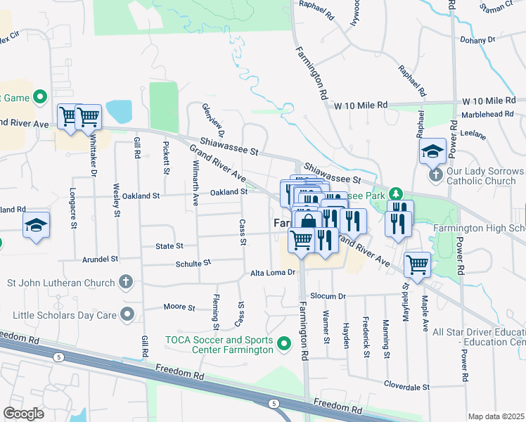 map of restaurants, bars, coffee shops, grocery stores, and more near 23629 Liberty Street in Farmington