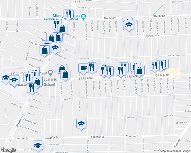 map of restaurants, bars, coffee shops, grocery stores, and more near 16809 East 9 Mile Road in Eastpointe