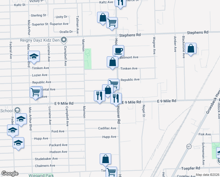 map of restaurants, bars, coffee shops, grocery stores, and more near 11519 Continental Avenue in Warren