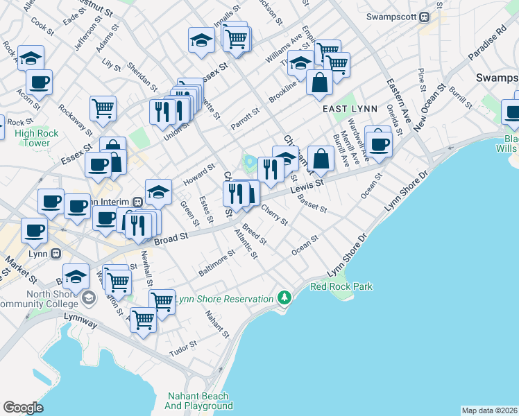 map of restaurants, bars, coffee shops, grocery stores, and more near 200 Massachusetts 129 in Lynn
