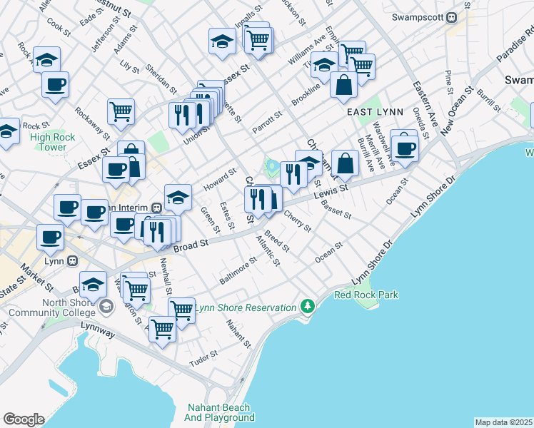map of restaurants, bars, coffee shops, grocery stores, and more near 200 Massachusetts 129 in Lynn