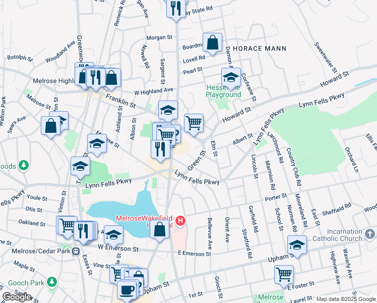 map of restaurants, bars, coffee shops, grocery stores, and more near 887 Main Street in Melrose