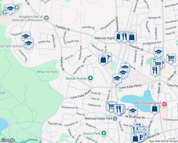 map of restaurants, bars, coffee shops, grocery stores, and more near 45 Maple Road in Melrose