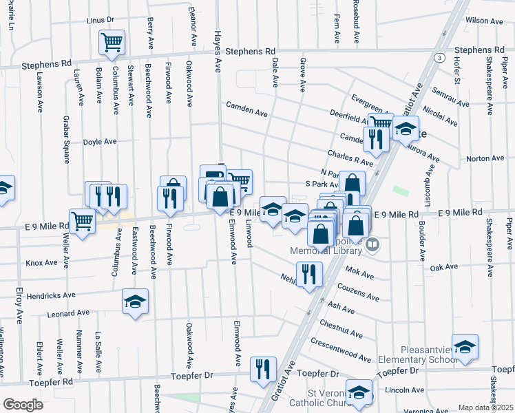 map of restaurants, bars, coffee shops, grocery stores, and more near 15219 East 9 Mile Road in Eastpointe