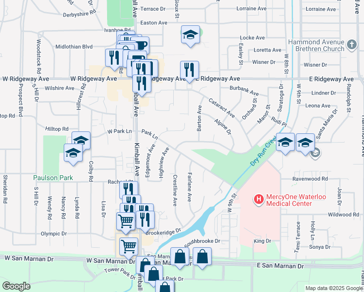 map of restaurants, bars, coffee shops, grocery stores, and more near 3039-3095 Saratoga Drive in Waterloo