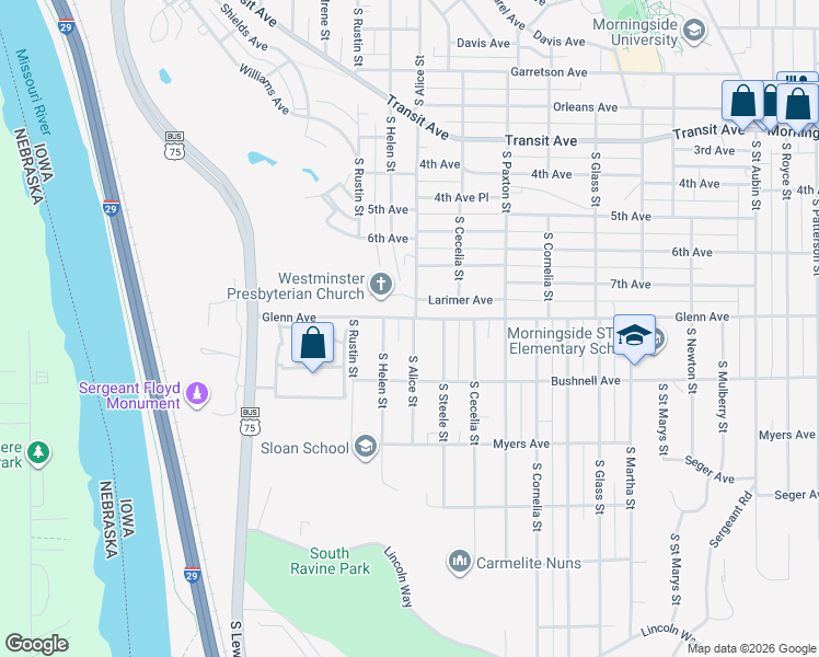 map of restaurants, bars, coffee shops, grocery stores, and more near 3100 Glenn Avenue in Sioux City