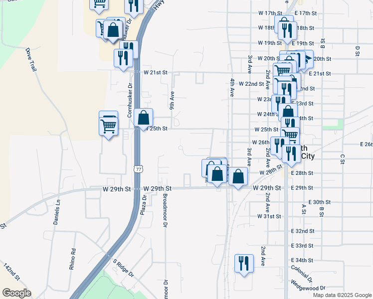 map of restaurants, bars, coffee shops, grocery stores, and more near 128 Liberty Drive in South Sioux City