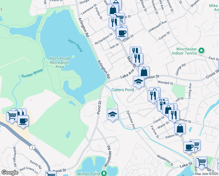 map of restaurants, bars, coffee shops, grocery stores, and more near 3 Lake Terrace in Woburn