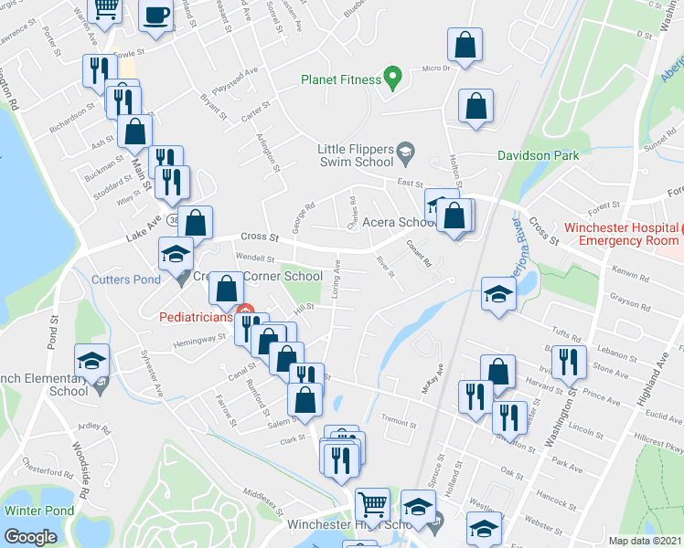 map of restaurants, bars, coffee shops, grocery stores, and more near 103 Loring Avenue in Winchester