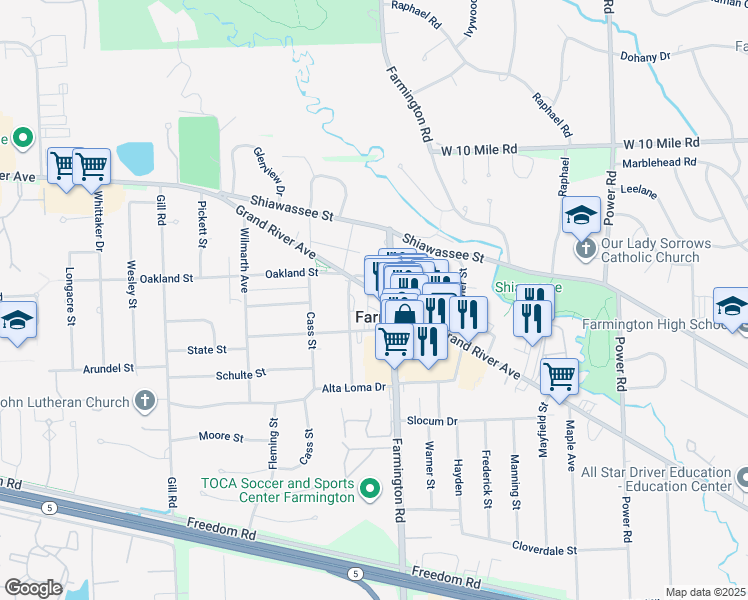 map of restaurants, bars, coffee shops, grocery stores, and more near 23600 Liberty Street in Farmington