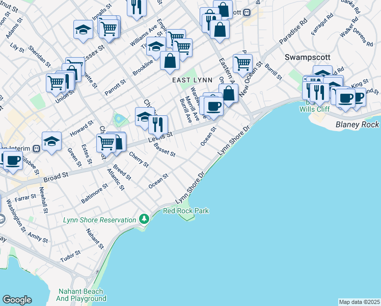 map of restaurants, bars, coffee shops, grocery stores, and more near 131 Ocean Street in Lynn