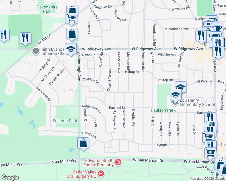 map of restaurants, bars, coffee shops, grocery stores, and more near 1024 Meadow Lane in Waterloo