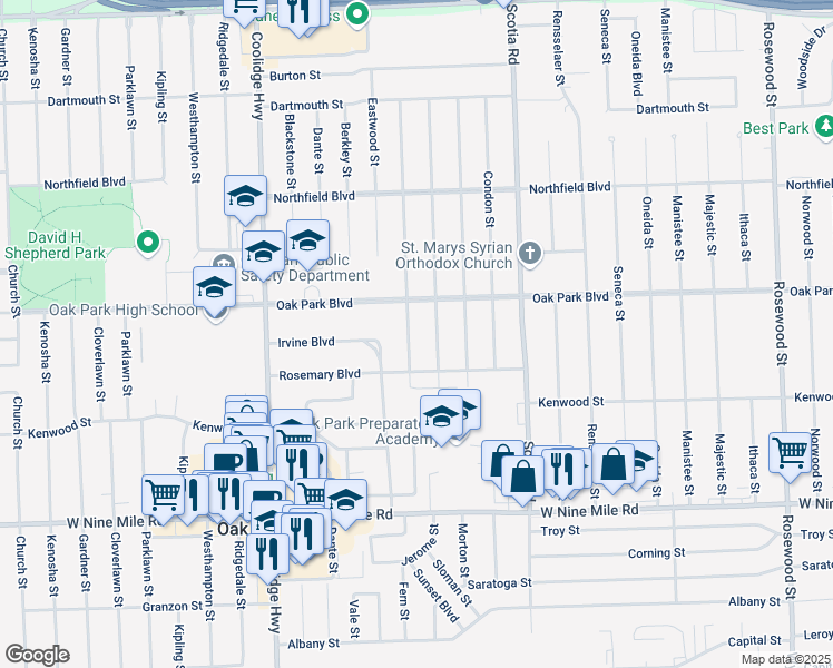 map of restaurants, bars, coffee shops, grocery stores, and more near 23580 Moritz Street in Oak Park