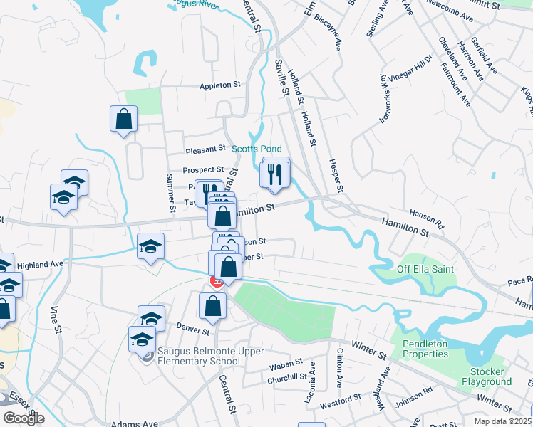 map of restaurants, bars, coffee shops, grocery stores, and more near 27 Hamilton Street in Saugus