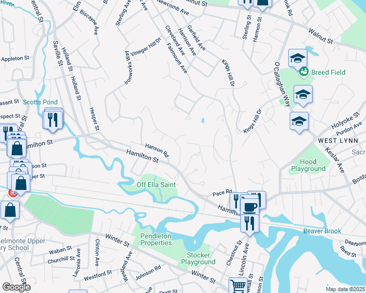 map of restaurants, bars, coffee shops, grocery stores, and more near 11 Hilltop Avenue in Saugus
