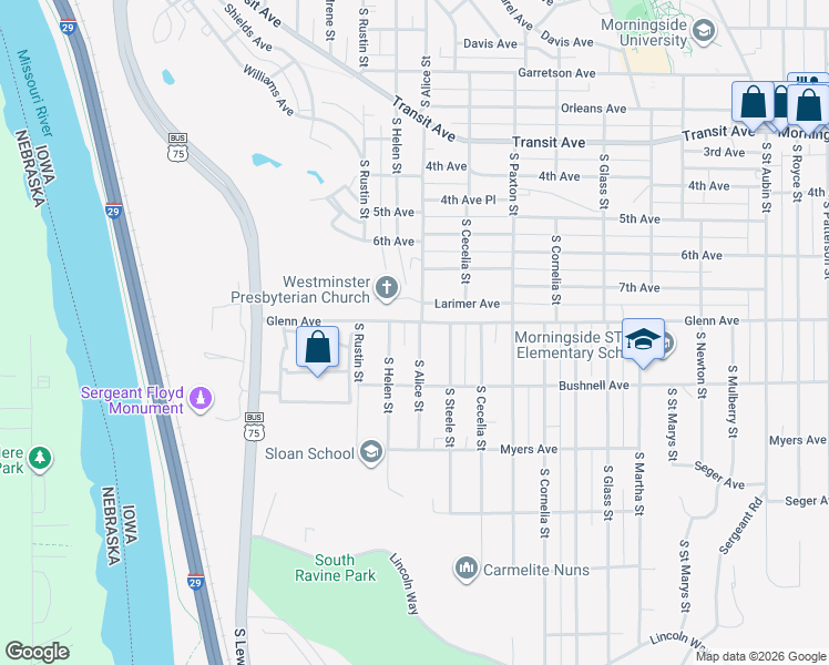 map of restaurants, bars, coffee shops, grocery stores, and more near 3100 Glenn Avenue in Sioux City