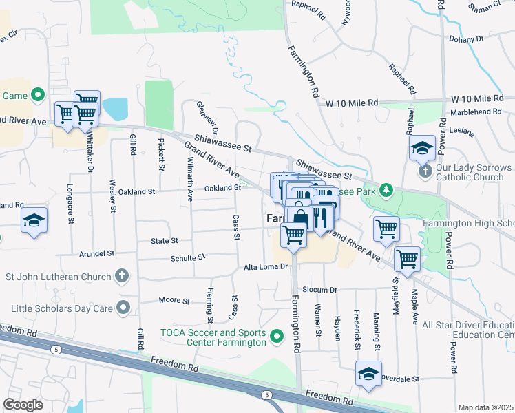 map of restaurants, bars, coffee shops, grocery stores, and more near 23629 Liberty Street in Farmington